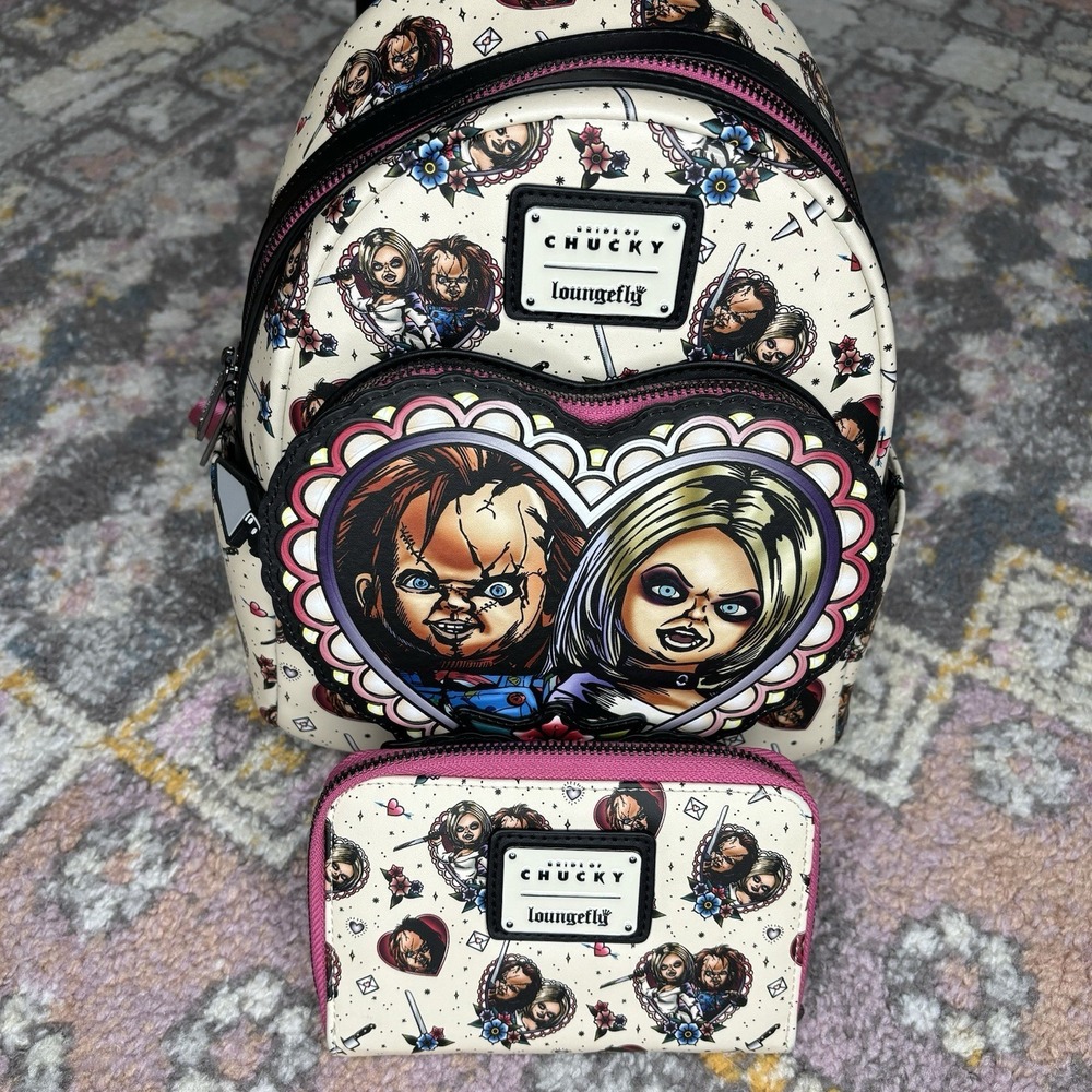 Loungefly Mini Backpack Wallet Set Chucky Doll Bride Tiffany Tattoo Design Heart